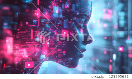 Woman's face is shown in a computer generated image. The face is made up of many small squares and rectangles 125595681