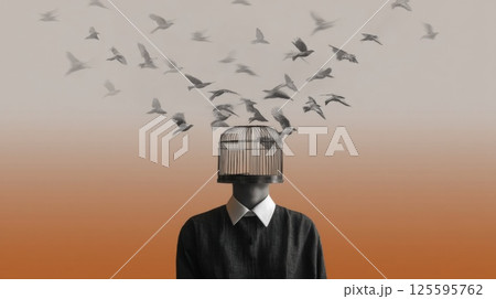 Person with a cage around their head, birds flying just out of reach 125595762