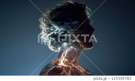Person with a storm brewing inside their chest, visible through transparent skin 125595765