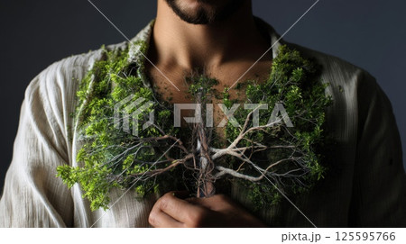 Person with a tree growing from their chest, branches reaching outward 125595766