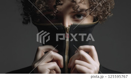 Person with a zipper down their face, revealing a different identity beneath 125595767