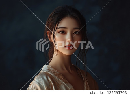 Photo portrait of a beautiful looking Asian girl with brown hair gathered in a ponytail and red lipstick on her lips 125595768