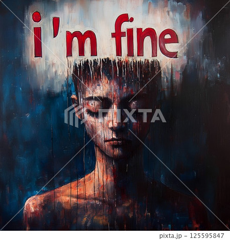 Painting of a woman with the words "I'm fine" written on it. The painting is in black and red with a blue background 125595847
