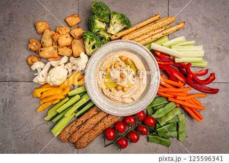 Various hummus dips, healthy and vegan snack 125596341