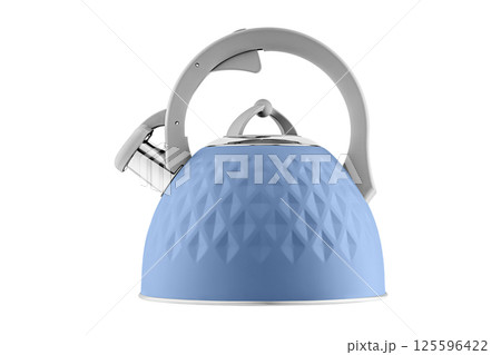 kettle with whistle, matte Blue color, with rhombus texture on isolated and white background kettle with whistle, matte Blue color, with rhombus texture on isolated and white background 125596422
