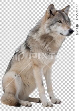 Majestic grey wolf in a relaxed sitting pose isolated on the transparent background Majestic grey wolf in a relaxed sitting pose isolated on the transparent background 125596452