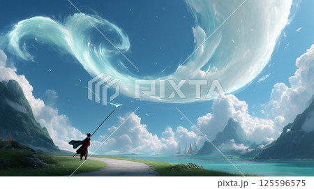 Fantasy illustration of nature, city, fictional world. 125596575