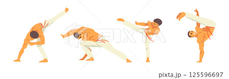 Male Karate Fighter Practicing Martial Art Vector Set 125596697