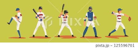 Young Man Baseball Player Playing Bat-and-ball Game Vector Set 125596701
