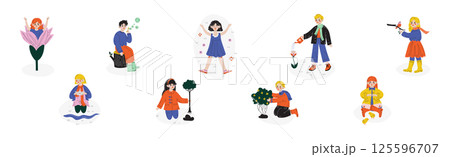 Kids Character Playing Outdoor Enjoy Spring Vector Set 125596707