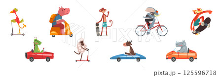Cute Animal Character Riding Different Transport Vector Set Cute Animal Character Riding Different Transport Vector Set 125596718