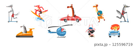 Cute Animal Character Riding Different Transport Vector Set 125596719