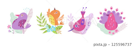 Cute Little Birdie in Bright Foliage and Leaf Vector Set Cute Little Birdie in Bright Foliage and Leaf Vector Set 125596737