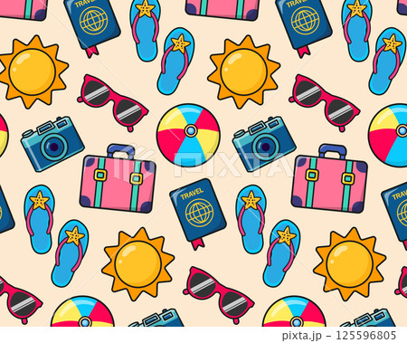 Elements of vacation and tourism. Seamless summer pattern. Vector illustration