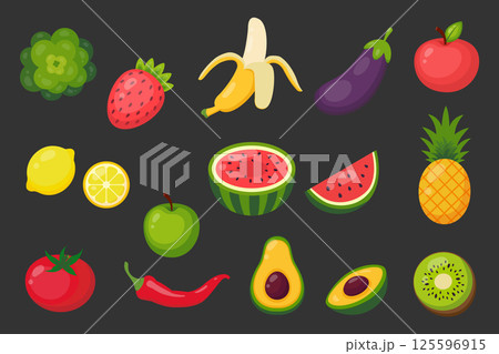 Set of fruits and vegetables. Vector illustration in flat style 125596915