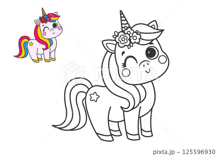 Cute unicorn. Childrens coloring page. Vector illustration. 125596930