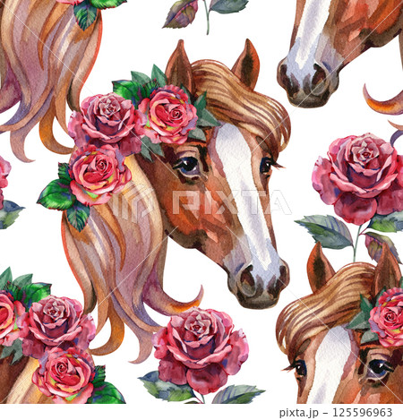 Hand drawn watercolor cute seamless pattern illustration white and dark brown wild Arabian horses and pink roses on the white background for cloth, linen, wallpaper texture or other textile print 125596963
