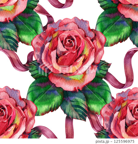 Watercolor red roses Seamless pattern hand drawn illustration. Texture for fabric, wrapping, wallpaper. Decorative print. 125596975