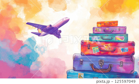 Traveling with colorful luggage and an airplane soaring through a vibrant sky at sunset 125597049