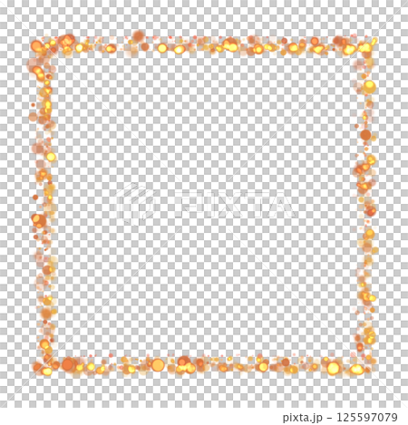 Gold sparkle or glitter lights effect square frame, transparent light bokeh, isolated. Golden border, jewel deco art. Shining dust glowing confetti. Spark object. Png 125597079
