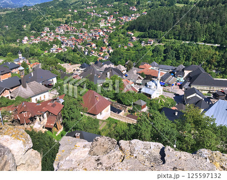 Panoramic view from castle over city Jajce Panoramic view from castle over city Jajce 125597132