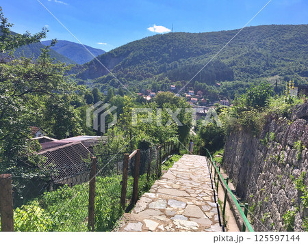 Panoramic view from castle over city Jajce Panoramic view from castle over city Jajce 125597144