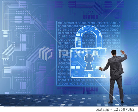 Man in digital security concept pressing button Man in digital security concept pressing button 125597362
