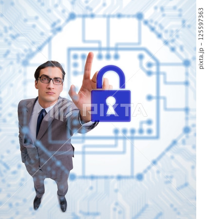 Man in digital security concept pressing button 125597363