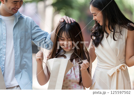 Joyful Family Shopping Experience - Parents and Child Enjoying a Day Out with Shopping Bags and Smiles Joyful Family Shopping Experience - Parents and Child Enjoying a Day Out with Shopping Bags and Smiles 125597502