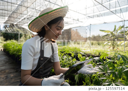 Young Woman Engaged in Agriculture Using Modern Technology in a Greenhouse Setting Young Woman Engaged in Agriculture Using Modern Technology in a Greenhouse Setting 125597514