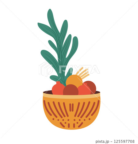 Traditional Morocco bowl with fruit in flat design. Oranges, pomegranate in pot. Vector illustration isolated. Traditional Morocco bowl with fruit in flat design. Oranges, pomegranate in pot. Vector illustration isolated. 125597708