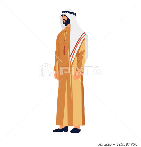 Man in traditional Morocco dress in flat design. National male clothes. Vector illustration isolated. Man in traditional Morocco dress in flat design. National male clothes. Vector illustration isolated. 125597768