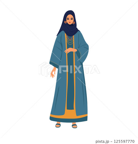 Woman in traditional Morocco dress in flat design. National female clothes. Vector illustration isolated. Woman in traditional Morocco dress in flat design. National female clothes. Vector illustration isolated. 125597770