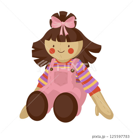 Textile doll in flat design. Funny soft puppet toy in clothing for girl. Vector illustration isolated. Textile doll in flat design. Funny soft puppet toy in clothing for girl. Vector illustration isolated. 125597783