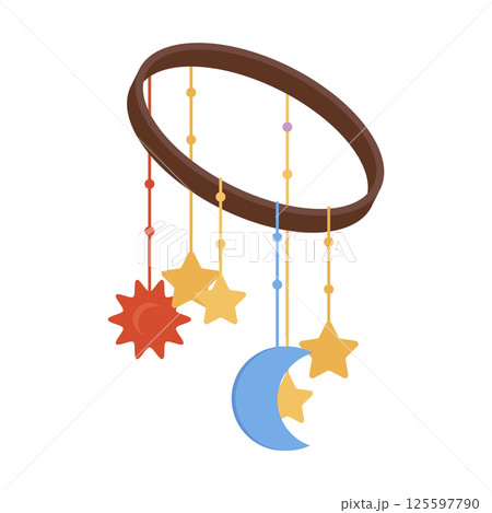 Baby crib mobile in flat design. Hanging toy with stars, moon and sun. Vector illustration isolated. 125597790
