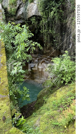 Tranquil waterfall cascading into serene pool surrounded by lush greenery nature concept Tranquil waterfall cascading into serene pool surrounded by lush greenery nature concept 125597836