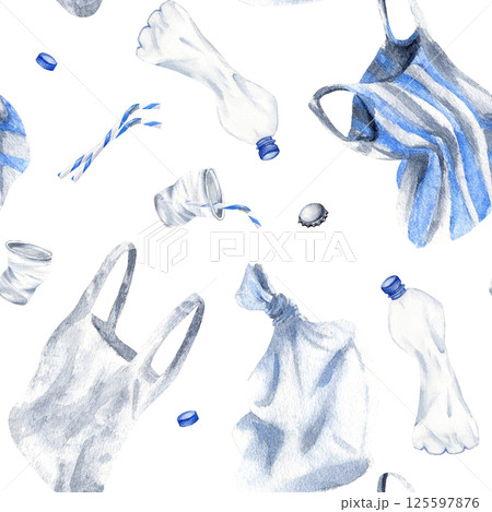 Thermoplastic objects seamless pattern. Watercolor thermosetting plastics bottle, disposable cups, polythene bags, caps, straw isolated from background for industry design and pollution designs 125597876