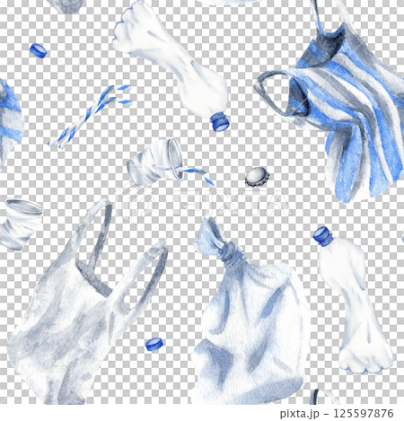 Thermoplastic objects seamless pattern. Watercolor thermosetting plastics bottle, disposable cups, polythene bags, caps, straw isolated from background for industry design and pollution designs 125597876