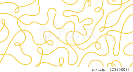 Pasta seamless pattern. Italian spaghetti background. Yellow japan ramen design. Chinese noodle texture. Doodle wavy line pattern. Hand drawn food bg. Vector illustration isolated on white background 125598055