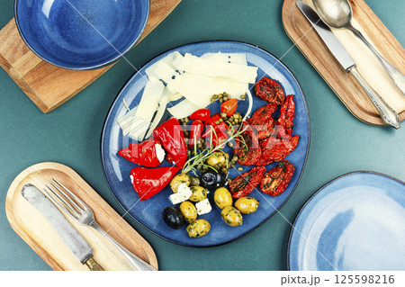 Mediterranean appetizer plate, Greek antipasti. Mediterranean appetizer plate, Greek antipasti. 125598216
