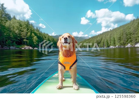 湖上でSUPに乗るゴールデンレトリバーの冒険心 湖上でSUPに乗るゴールデンレトリバーの冒険心 125598360