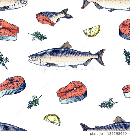 Seamless pattern Fish Salmon fillet, ink hand...のイラスト素材 [125598439] - PIXTA