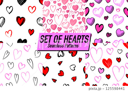 Set of seamless pattern of hand drawn hearts. collection scribble markers heart symbol isolated on Set of seamless pattern of hand drawn hearts. collection scribble markers heart symbol isolated on 125598441