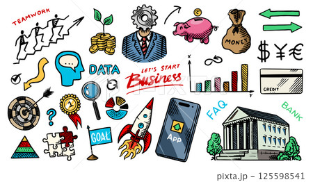 Business doodles hand drawn icons. Management concept. Vector clipart illustration. Line and Ink Business doodles hand drawn icons. Management concept. Vector clipart illustration. Line and Ink 125598541