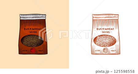 Buckwheat package. Engraved, hand drawn and buckwheat groats. Grass cereal crops outline icon set 125598558