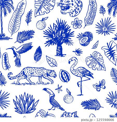 Seamless pattern with Japanese leopard or jaguar with tropical leaves, toucan, flamingo, hummingbird Seamless pattern with Japanese leopard or jaguar with tropical leaves, toucan, flamingo, hummingbird 125598666