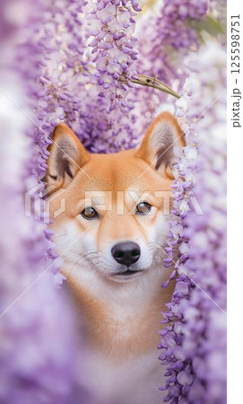 藤の花に包まれた美しい柴犬 125598751