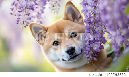 藤の花に包まれた美しい柴犬 藤の花に包まれた美しい柴犬 125598753