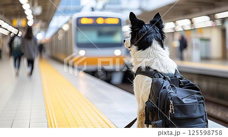 駅のホームで電車を待つボーダーコリー 125598758