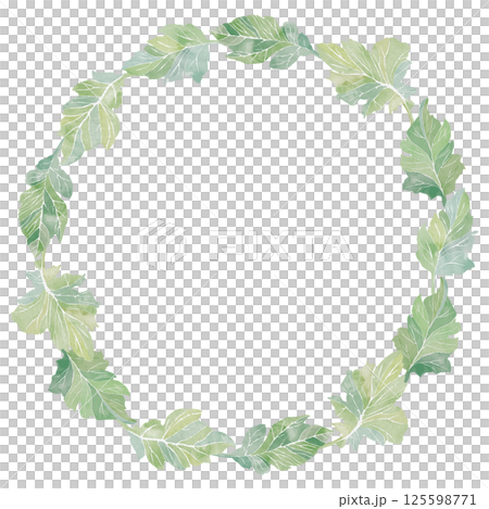 Green leaves frame. Watercolor clipart illustration of round foliage composition on white background. For invitations, postcards, business cards. Decorating clothes, dishes, other printed materials. 125598771